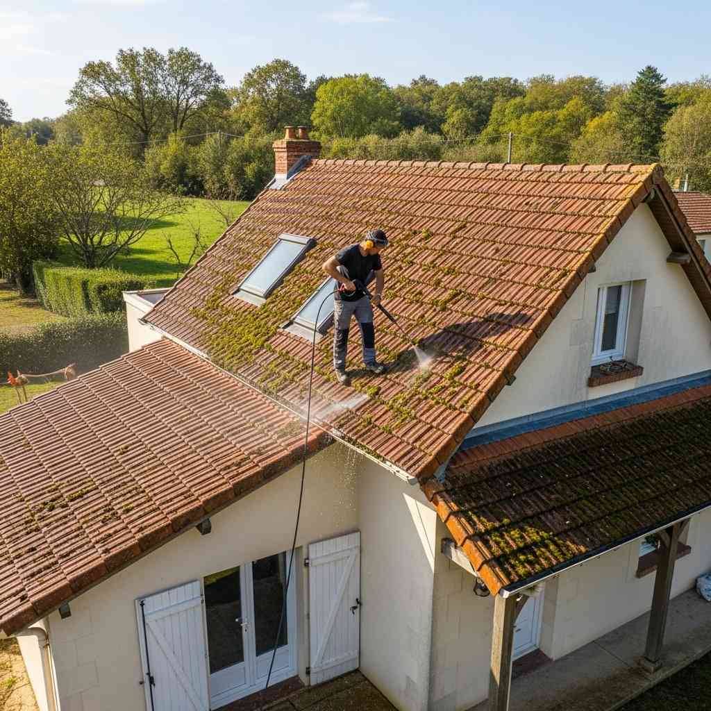 Nettoyage de toiture en tuiles par marty-louis sur une maison blanche dans le Tarn